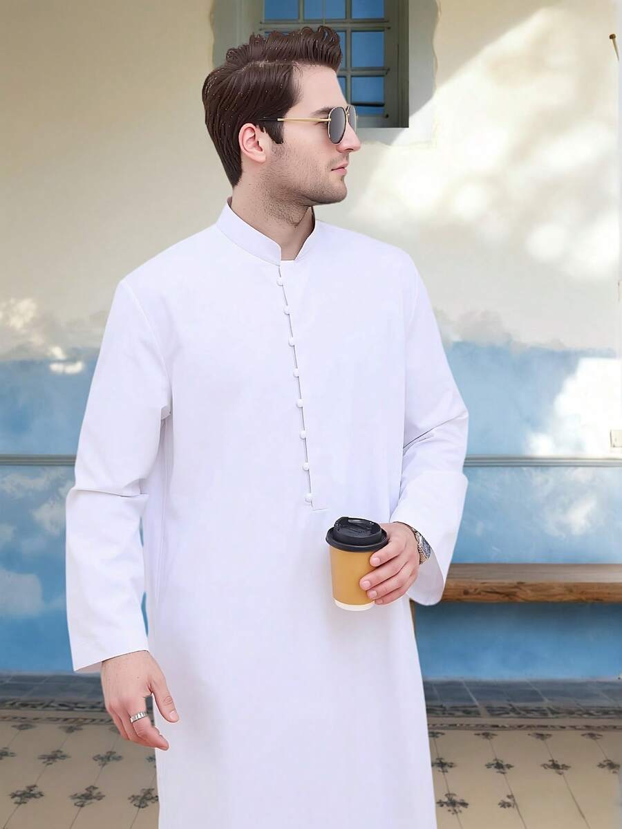 1pc Plus Size Men's Middle Eastern Traditional Arabic Robe, Loose Fit, Solid Color, Stand Collar, Breathable Saudi Men's Robe, Saudi Men's Pajamas, Moroccan Men's Robe, African Men's Clothing
