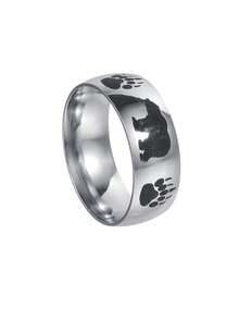 1pc Fashion Bear & Paw Print Ring, Wolf In Forest Stainless Steel Ring For Men - Silver - View 7