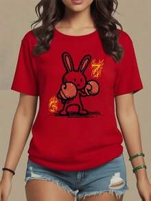 Women's T-Shirt 100% Cotton 180g, Rabbit With Red Boxing Gloves Surrounded By Flames Symbolizing Strength And Courage Amidst Fire Numbers. - 紅色 - 查看 1