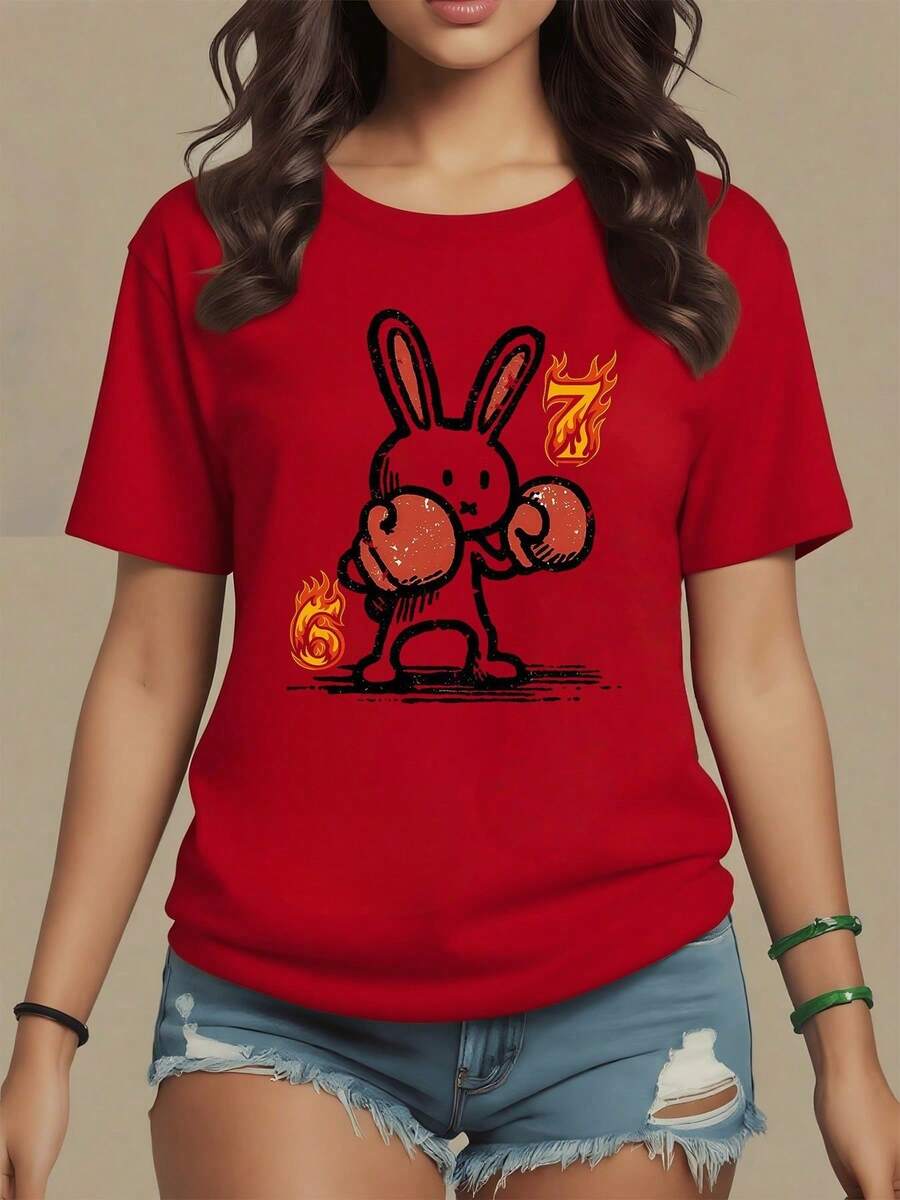 Women's T-Shirt 100% Cotton 180g, Rabbit With Red Boxing Gloves Surrounded By Flames Symbolizing Strength And Courage Amidst Fire Numbers. - 紅色 - 查看 1