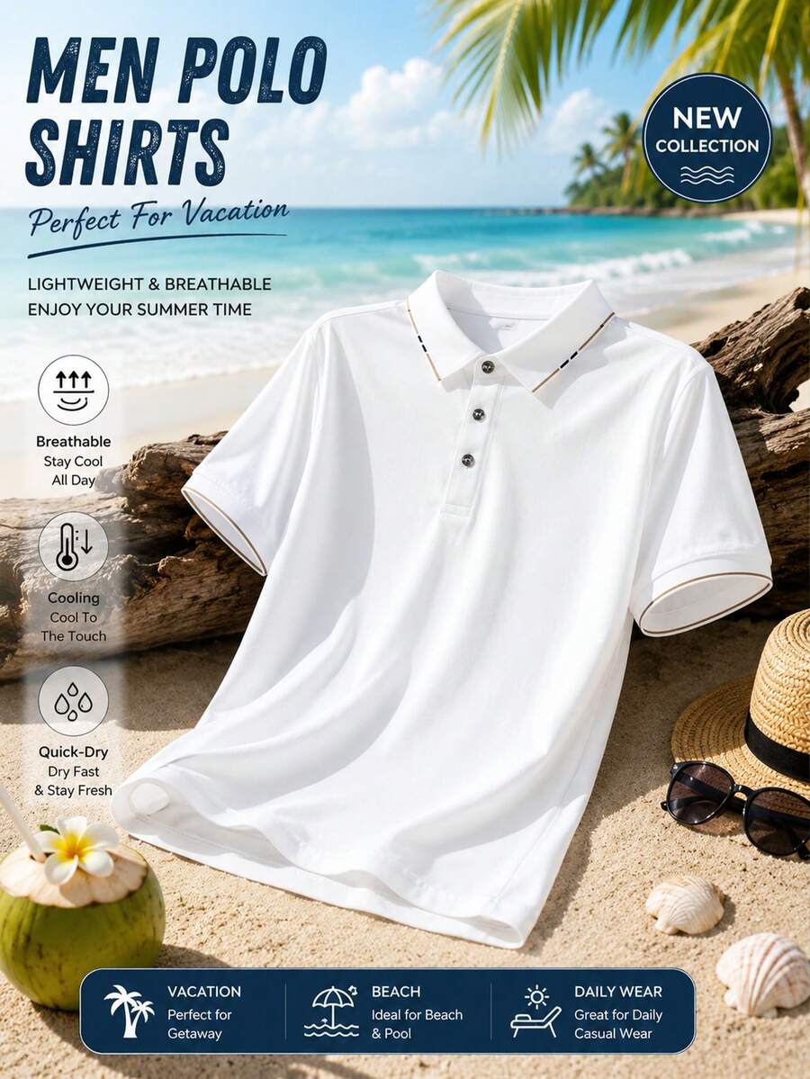 Camisa polo branca masculina (1 peça), design clássico com gola e botões, estilo casual de férias, lavável à máquina, ideal para passeios na praia no verão, encontros de férias, ocasiões informais de negócios e sociais. - Branco - Ver 1
