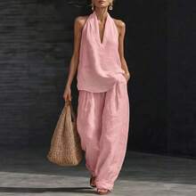 Women's Halter V-Neck Sleeveless 2-Piece Set, Solid Wide Leg Pants, Casual Lounge Co-Ord Outfit For Summer Vacation - 淺綠色 - 查看 6