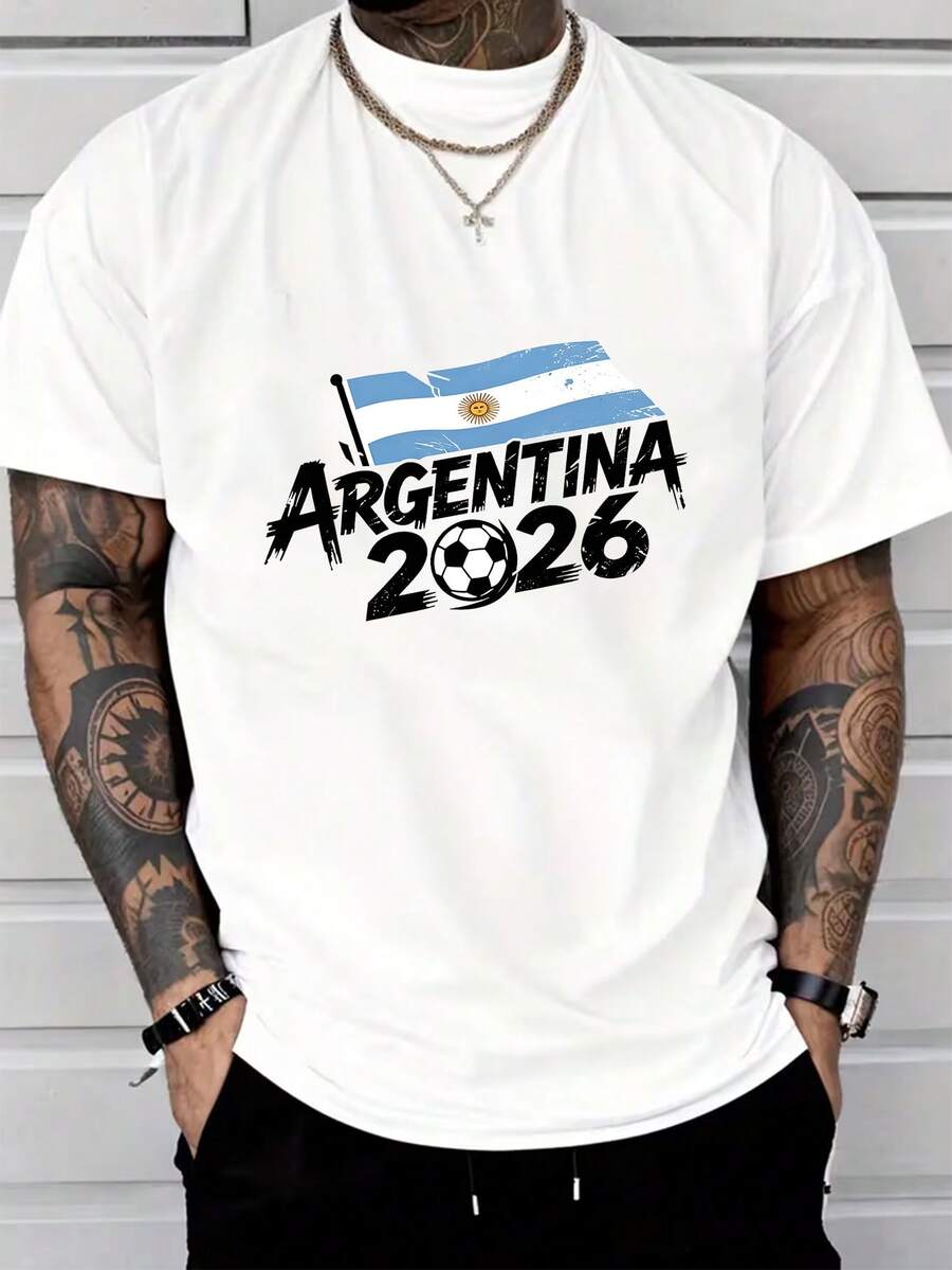 Men's Pure Cotton Short-Sleeve T-Shirt Casual Oversized Breathable Argentina 2026 Print Summer Top European Holiday Gift Idea Christmas New Year Present Soccer Fan Graphic Tee Soft Comfortable Loose Fit Daily Wear Fashion  Classic White Tee For Men Perfect For Sports Enthusiasts Holiday Shopping - White - View 1