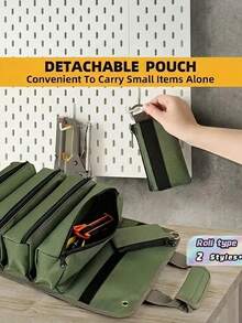 Bolsa de herramientas enrollable resistente y práctica, con múltiples compartimentos, un asa, una correa ajustable para el hombro y cierre con cremallera. Portátil y práctica, puede almacenar eficientemente varias herramientas manuales y accesorios. - Bolsa para guardar herramientas - Ver 10