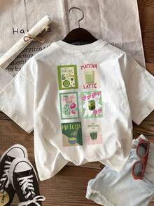 Minimalist. 100% Cotton. 1 Piece [Double-Sided Print]. Women's Pure Cotton T-Shirt, Vintage Style With Matcha Latte Utensil Print, Casual Summer Short-Sleeved Crew Neck Top. Spring/Summer Top. - 白色 - 查看 2