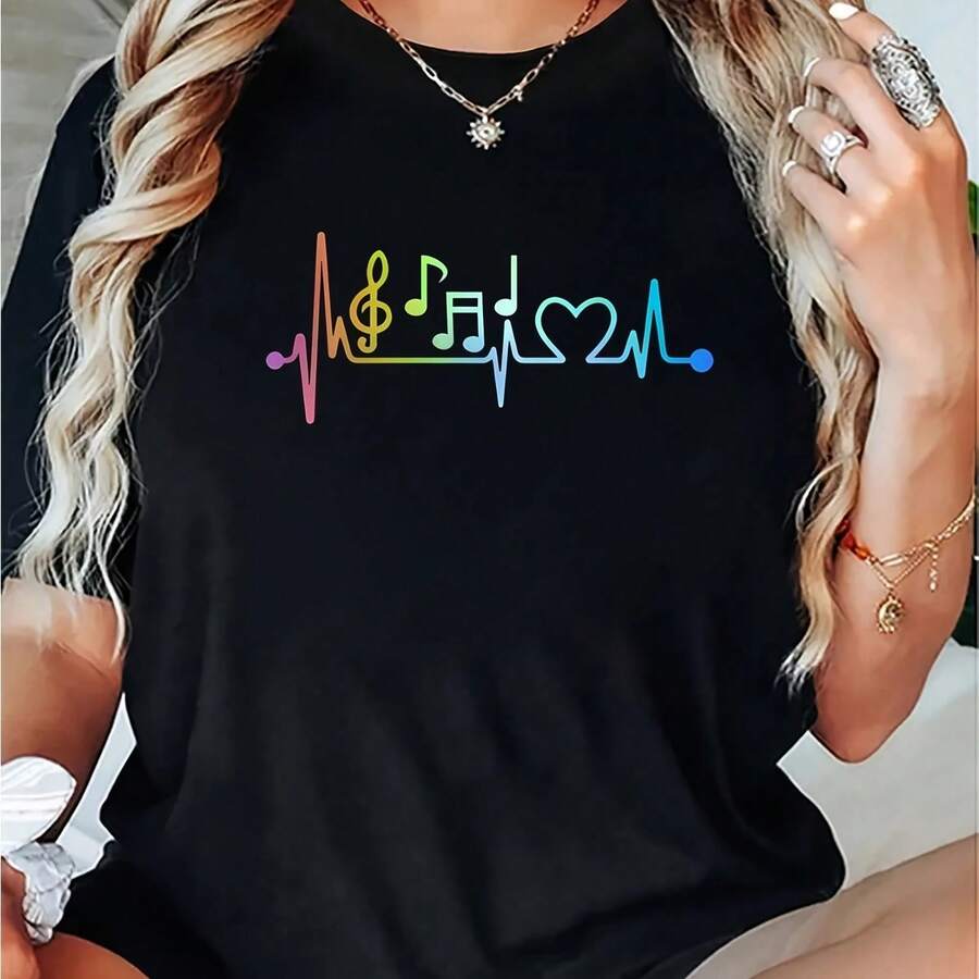 Wo's Casual Spor T-Shirt, Round Neck, Short Sve, Colorful Musical Note Print Day Comfort Summer Top Round Neck Wo T Shirt Cotton - 黑色 - 查看 1