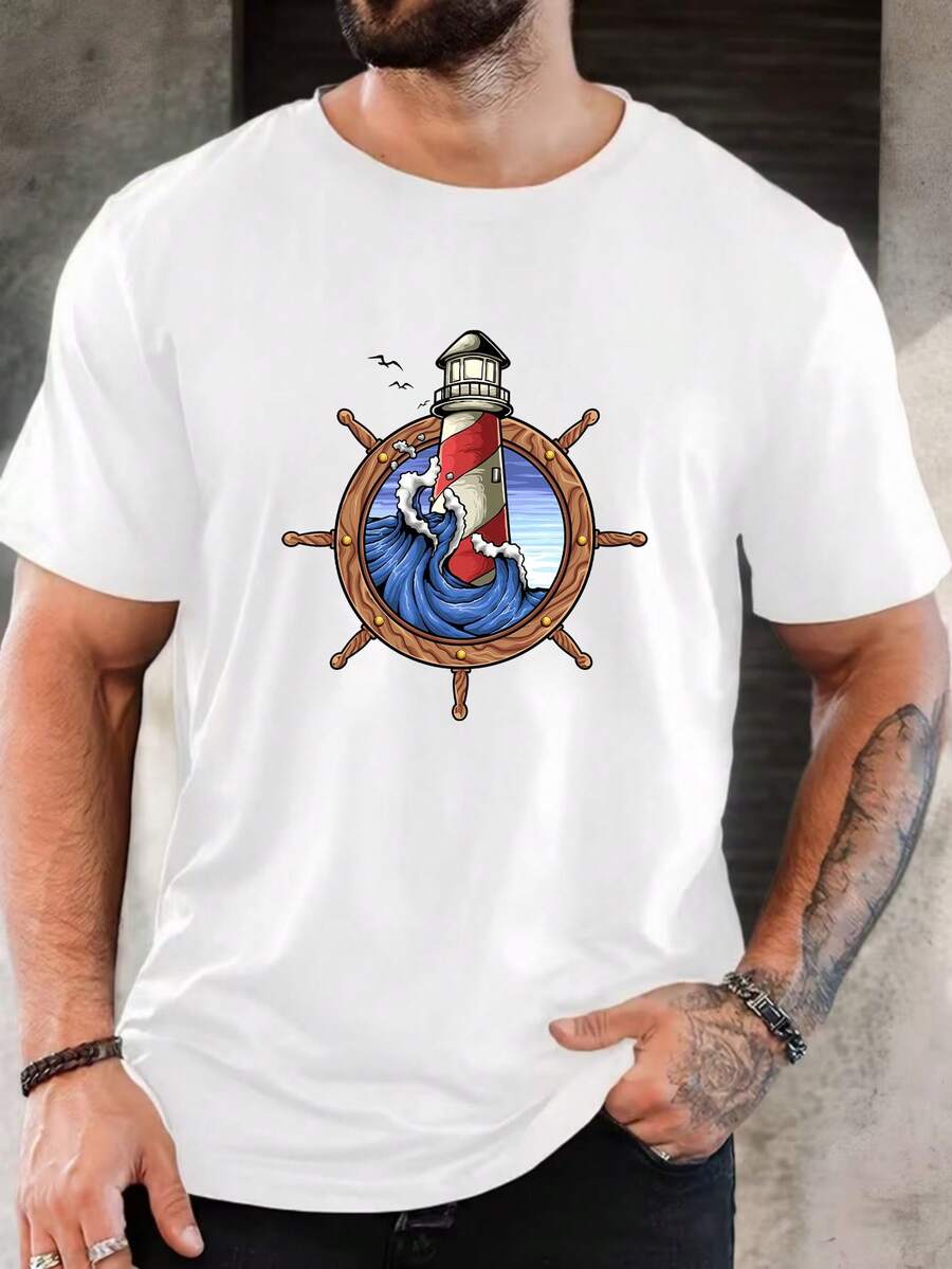 T-shirt à manches courtes en pur coton pour hommes, col rond, décontracté, respirant, imprimé phare nautique et roue de navire, cadeau de Noël, cadeau de la fête des pères, cadeau de vacances pour lui, mode d'été, port quotidien, tissu confortable et doux, idée de cadeau de vacances européen, cadeau d'anniversaire pour hommes, tenue de vacances, léger et facile à assortir - Blanc - Voir 1