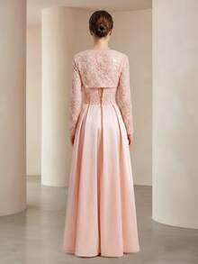 VIPGIRL Đầm dài satin hồng thanh lịch kèm áo khoác ren sang trọng, tay dài, chiết eo, xếp ly đính sequin, váy dạ hội chính thức, lưng dây buộc, hoàn hảo cho phù dâu hoặc sự kiện dạ hội, lý tưởng cho các buổi tiệc khiêu vũ và dạ tiệc tối - Màu Hồng baby - Xem 2