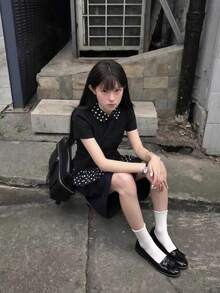黑色拼色波點彼得潘領短袖女款T恤 夏季INS風修身顯瘦百搭上衣 - 黑色 - 查看 5