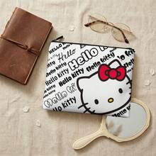 Miniso 三麗鷗 Hello Kitty 文字印花帆布化妝包，Logo 與角色拉鍊收納袋，適用於彩妝盥洗用品旅行收納 - 10x8.1英寸 - 查看 6
