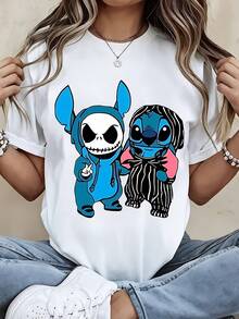 Disney Cute Cartoon Stitch And Jack Skellington  T Shirt Black Halloween Costume Design For Women And Men Casual Wear Party Outfit - 白色 - 查看 2