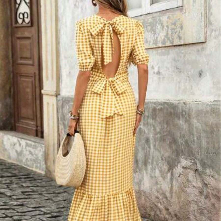 Vestido midi con espalda abierta, lazo en la cintura y mangas abultadas con estampado de cuadros retro francés para mujer - Perfecto para vacaciones y oficina - Amarillo - Ver 1