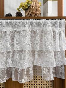 1pc French Romantic White Floral Lace Ruffled Curtain For Small Window, 3-Layer Tiered Sheer Valance For Kitchen Cabinet , Rod Pocket Short Sheer Curtain For Cafe Farmhouse Decor - White - View 6