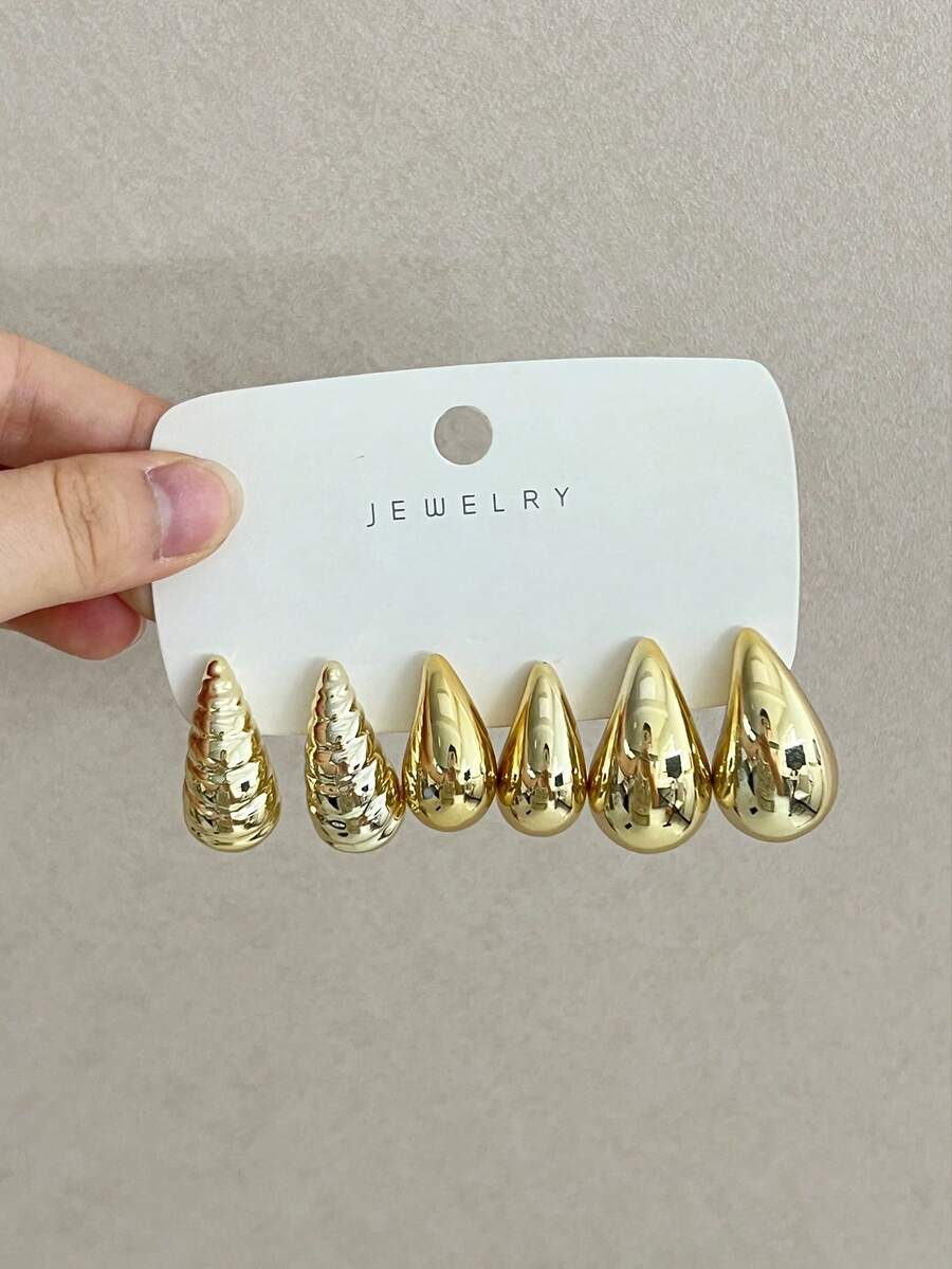 3對裝耳環套組 高級金色個性化誇張創意復古幾何耳環飾品 - 金黃色 - 查看 1