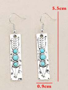 1 Pair Vintage Bohemian Long Arrow Inlaid Synthetic Turquoise Alloy Dangle Earrings - Antique Silver - View 2