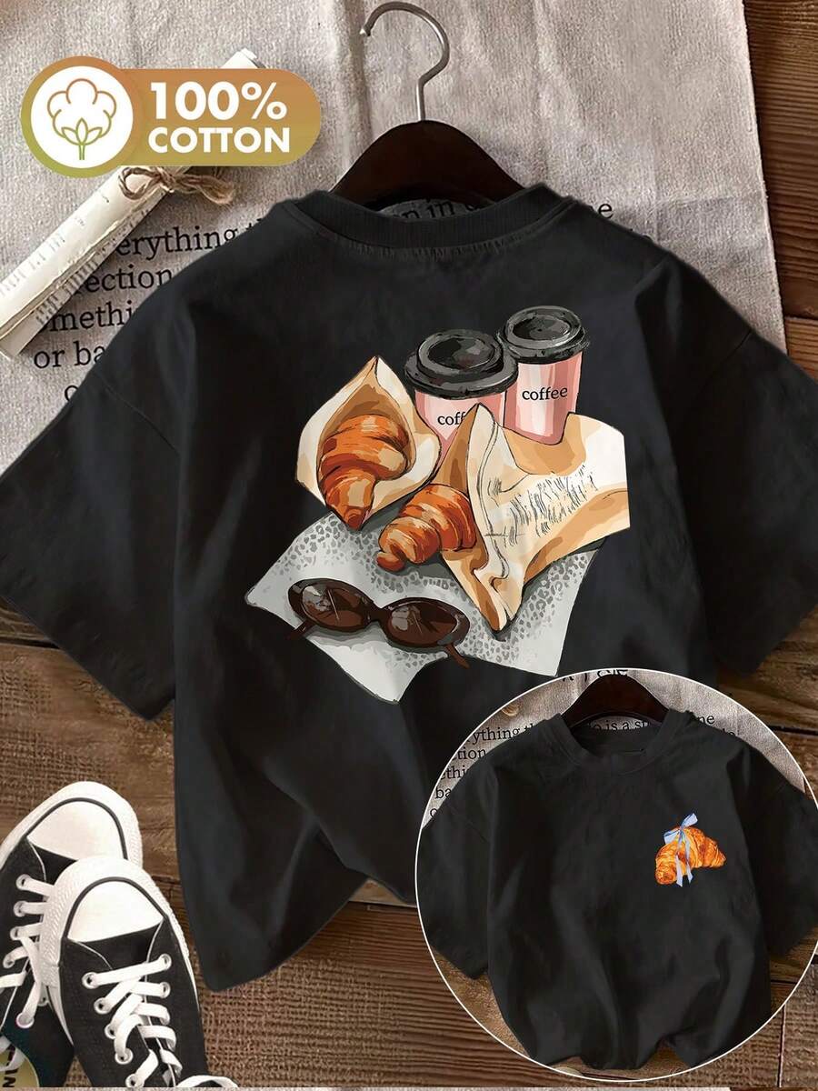 Minimalist. 100% Cotton. 1 Piece. Women's T-Shirt With Double-Sided Print, Illustration Style, Coffee Print, Croissant, Glasses, Casual, Crew Neck, Short Sleeve, Summer Top. Spring/Summer Top. - 黑色 - 查看 1