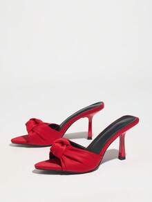 Sandal cao gót nữ slip-on mũi nhọn gót nhọn, xếp ly thắt nút, phong cách tiệc cưới sang trọng thời trang, satin đỏ, phù hợp phối với chân váy và đầm - Đỏ - Xem 6