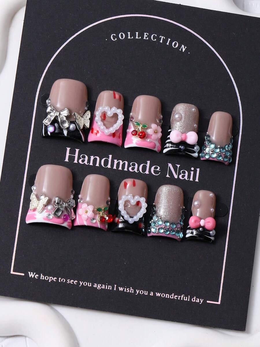 10pcs/Set Kuku Tempel Pendek Gaya Paruh Bebek Buatan Tangan dengan Desain Pita 3D Berwarna-warni Gaya French & French Press 2D. Desain Glitter yang Dilukis Tangan. 1 Buah Gel Jelly dan 1 Kikir Kuku. Cocok untuk Perawatan Kuku Sehari-hari dan Pesta. - MultiWarna - View 1