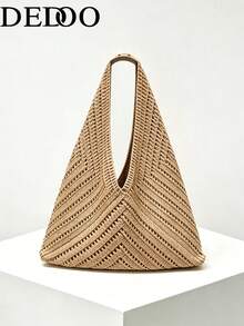 Dedoo French Style Large Opening Dumpling Shaped Crochet Bag, Presenting A Hollow V-Shaped (Herringbone) Rhombus Grid Pattern. Minimalist Vacation Style Handbag, Suitable For Summer Beach Trips, Daily Commute, Shopping And Dates. - Maroon - View 1