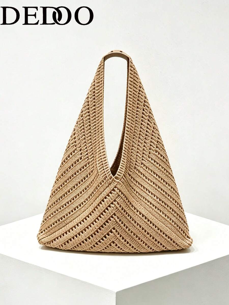 Dedoo French Style Large Opening Dumpling Shaped Crochet Bag, Presenting A Hollow V-Shaped (Herringbone) Rhombus Grid Pattern. Minimalist Vacation Style Handbag, Suitable For Summer Beach Trips, Daily Commute, Shopping And Dates. - Maroon - View 1