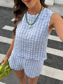 2件套 女士标准尺码 圆领褶皱刺绣格子休闲度假套装，春夏优雅 - 藍白色 - 查看 4