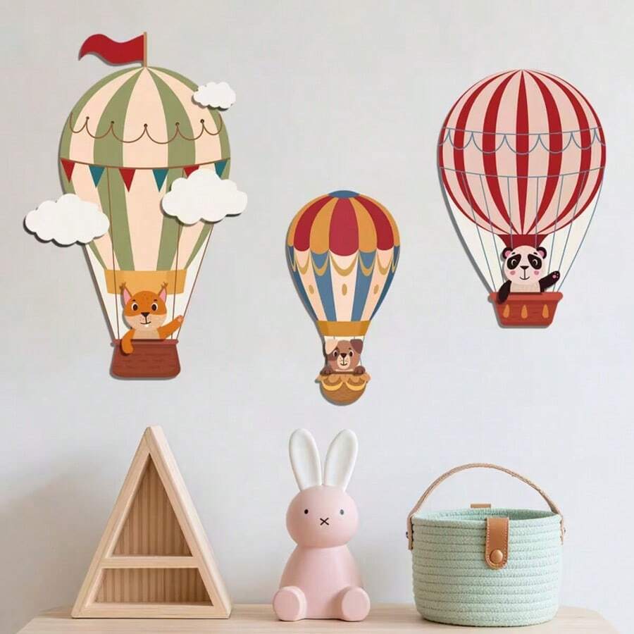 3 قطع/مجموعة زينة معلقة من خشب على شكل حيوانات الغابة والبالون الهوائي الساخن، ثعلب وباندا، ديكور ممتع - متعدد الألوان - مشاهدة 1