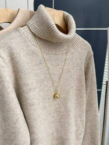 Bestselling Korean Style Gentle & Slouchy Solid Color High Neck Contrast Knit Sweater, Soft & Skin-Friendly Loose Fit Slimming, Versatile Outerwear For Autumn/Winter Daily Commute - Khaki - View 2
