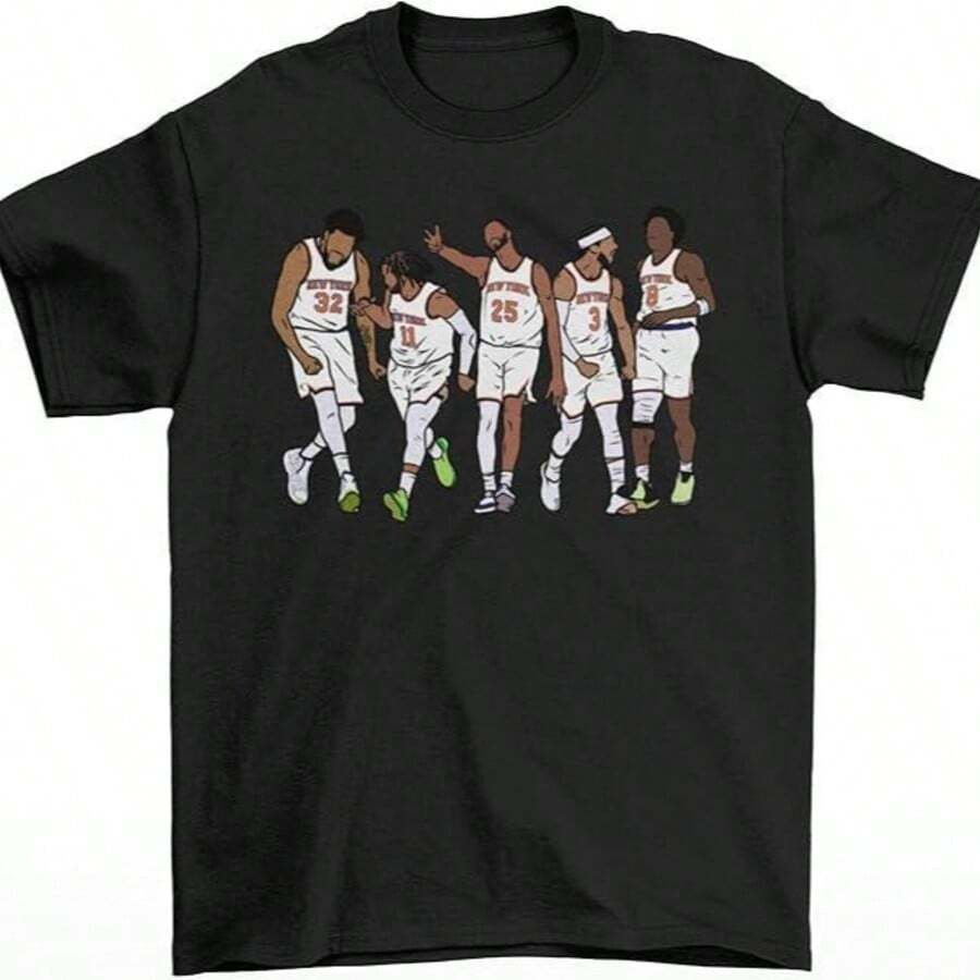 Knicks Starting 5 Shirt Brunson Towns Bridges Hart Anunoby Tee NY Basketball Vintage New York Sports Tshirt Retro Nova K - 黑色 - 查看 1