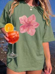 1pc Loose Round Neck T-Shirt With Hibiscus Print In Acid Wash Pink, Suitable For Summer, Beach And Casual Vacation, Y2K Casual Blouses For Women - 黑色 - 查看 4