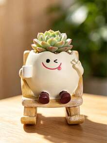 Resin Rocking Chair Succulent Planter With Coffee-Shaped Smiling Face Design, Suitable For Desk Decor, Garden/Country Potted Plants, Outdoor Gardening Decor And Patio Decor - A - View 14