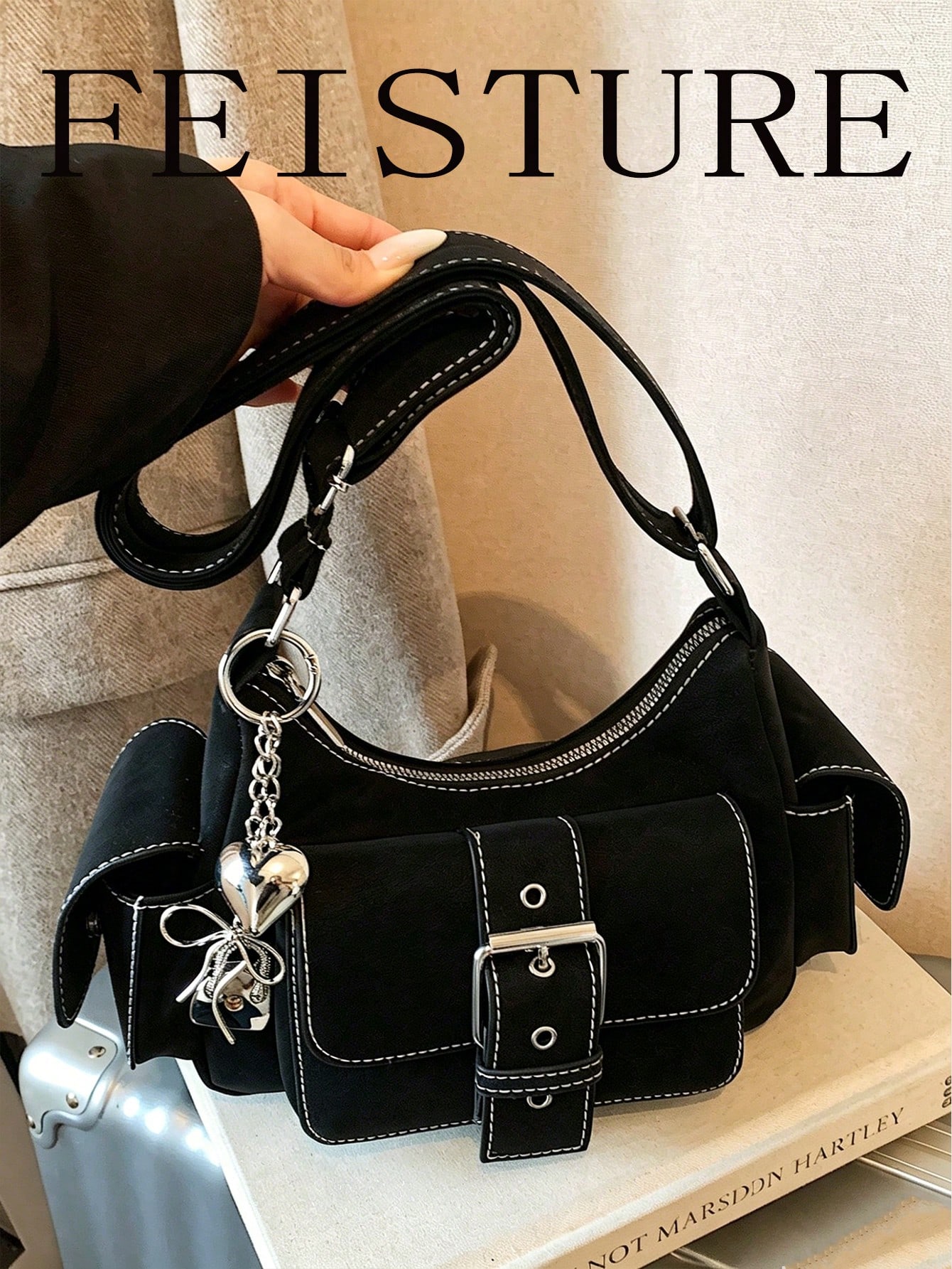 1Pc Feisture Pu Fabric Multi Pocket Shoulder Crossbody Bag, Flap Small Square