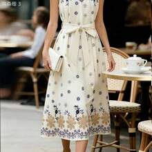 yonghongmaoyi1  Vestido de mujer con estampado, cuello en V, sin mangas y cintura ceñida, con estilo elegante y de vacaciones a la francesa - Albaricoque - Ver 4