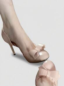 Black Bow Tie Stiletto High Heel Pumps, Women's Round Toe Side Cut-Out Slip-On Shoes,Wedding Outfits - Pink - View 7