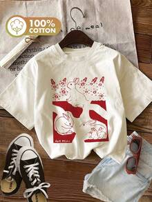 Minimalist. 100% Cotton. 1 Piece. Bunny Motif For Spring And Summer, Pure Cotton, Short Sleeve, Round Neck, Loose Fit, Casual Women's T-Shirt. Spring/Summer Top. - 白色 - 查看 8