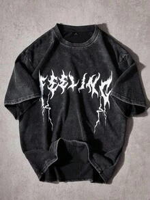 Manfinity Men's T-Shirt With Dark Letter Print On Washed Fabric, INS Street Style, Suitable For Music Festivals, Clubs, Gift For Boyfriend/Husband, Anniversary Gift. Unisex Washed T-Shirt. Y2K Style, Fashionable Style, Cute Style, Casual Style, Women's Blouses > Clothing. 230g (Sizes S-XXXL) - 7 - 查看 1