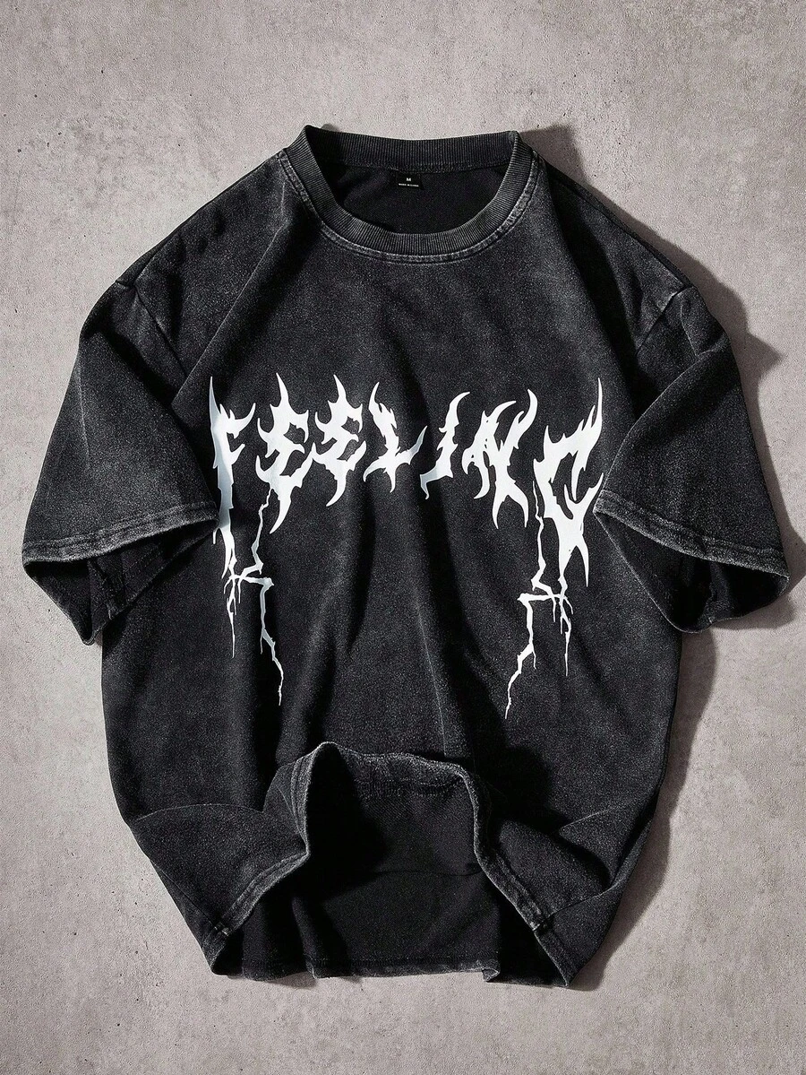 Manfinity Men's T-Shirt With Dark Letter Print On Washed Fabric, INS Street Style, Suitable For Music Festivals, Clubs, Gift For Boyfriend/Husband, Anniversary Gift. Unisex Washed T-Shirt. Y2K Style, Fashionable Style, Cute Style, Casual Style, Women's Blouses > Clothing. 230g (Sizes S-XXXL) - 7 - 查看 1