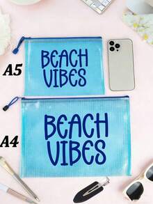Bolsa de cosméticos de malla impermeable con estampado BEACH VIBES, bolsa de playa de tela de malla multicolor de moda, tema de playa. Bolsa de maquillaje de malla transparente con cremallera de nylon de gran capacidad, organizador de artículos de tocador de viaje ligero, bolsa de almacenamiento portátil para guardar protector solar, cuidado de la piel, herramientas de belleza, aperitivos, bikinis & artículos esenciales de playa, almacenamiento de primavera & verano - Multicolor - Ver 9