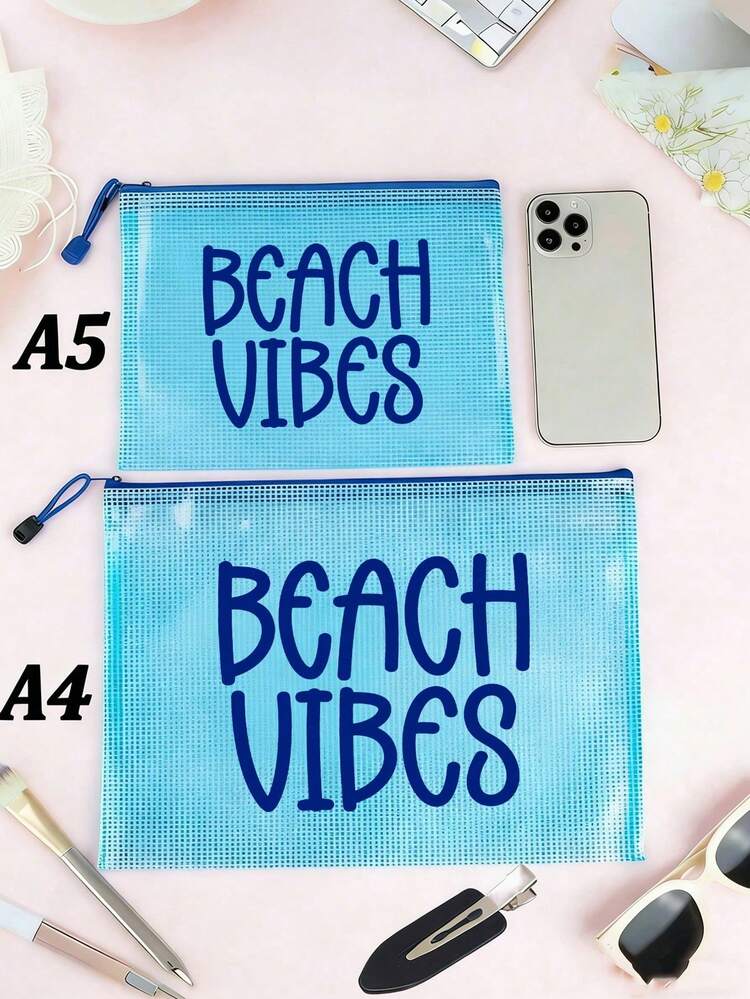 BEACH VIBES 印花防水網格化妝包，多色時尚網格布海灘包，海灘主題。大容量尼龍拉鍊透明網格化妝包，輕便旅行盥洗用品收納袋，便攜式儲物袋可用於存放防曬霜、護膚品、美容工具、零食、比基尼和海灘必需品，春夏季收納 - 彩色 - 查看 9