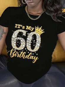 20261 Unit, 100%, Women's 60th Birthday Printed T-Shirt, Seasonal Casual T-Shirt, Round Neck, Short Sleeve And Breathable, Ideal For Outdoors, Perfect Party Gift2026 - 黑色 - 查看 1