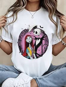 Disney Women Round Neck Short Sleeve T Shirt  Black Jack Skellington And Sally Print Casual Summer Wear - 白色 - 查看 2
