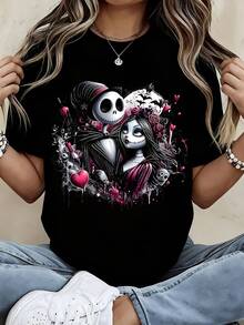 Disney Women Casual Short Sleeve T Shirt  Black Jack Skellington And Sally Couple Print For Halloween Party And Daily Wear - 黑色 - 查看 2