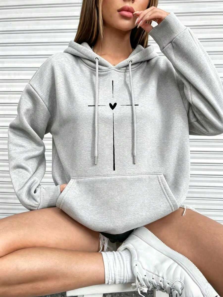 Women's Minimalist Heart Cross Printed Loose Shoulder Hoodie, Casual Inspired Pattern Women's Drawstring Kangaroo Pocket Long Sleeve Sweatshirt, Women's Autumn/Winter Hoodie Top - Women's Autumn/Winter Street Style Hoodie T-Shirt - Excellent Choice For Festival Parties - Cotton Blended Fabric, Thick Velvet Lining, Soft And Comfortable, Autumn/Winter Daily Top, Autumn/Winter Hoodie. Machine Washed Casual Style, With Multiple Colors To Choose From - 淺灰色 - 查看 1