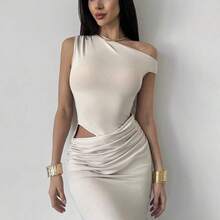 dahkjdgajy  Vestido ajustado con hombro asimétrico y fruncido, elegante, minimalista y sexy para uso al aire libre, vacaciones y festivales de música, color albaricoque - Burdeos - Ver 3