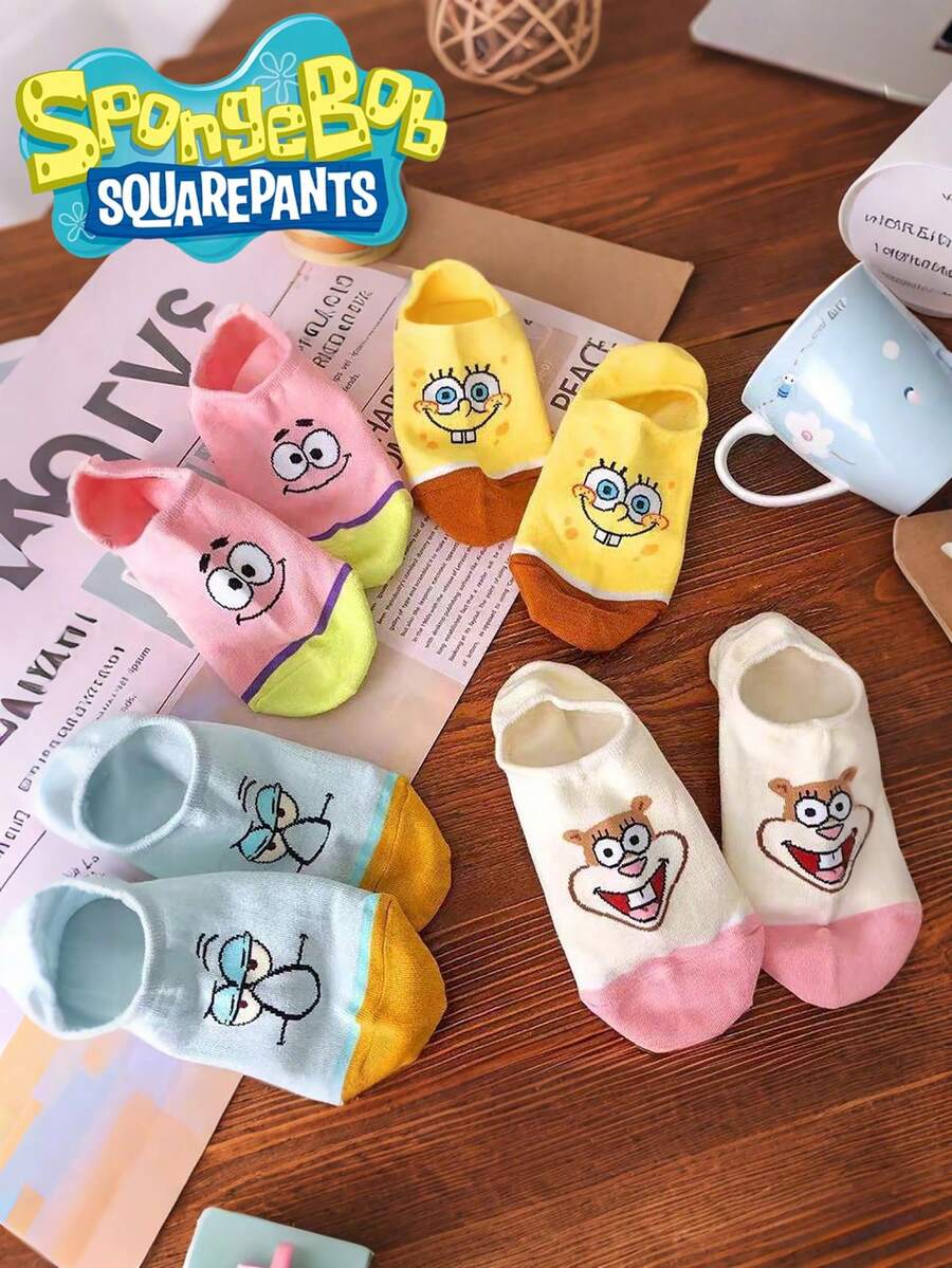 SpongeBob SquarePants 8/4/1雙男女通用隱形船襪,卡通圖案,舒適透氣隱形襪,日常休閒襪禮物 - 彩色 - 查看 1