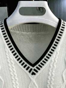 Chaleco de punto de diamante japonés retro, parte superior sin mangas con cuello en V y ribete de contraste en blanco y negro versátil - Blanco - Ver 3