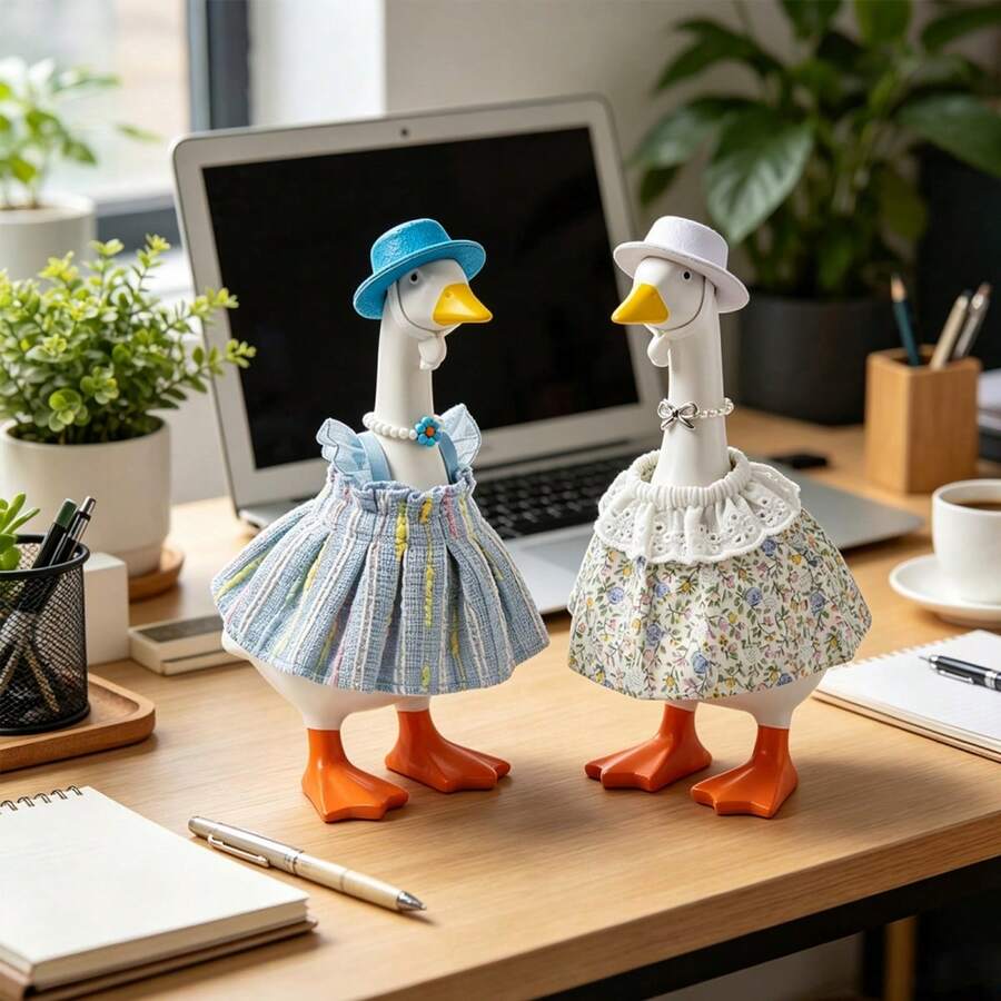 Desk Goose Elegant Outfit Creative Mini Goose Statue Floral Print Clothes, Hat, Necklace For Home Party Decor - Sets - View 1