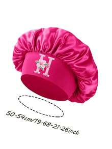 1pc Toddler Satin Hair Bonnet, Hair Protection, 3-8 Years Old Girls Sleep Cap, Floral & Letter Design, Adjustable Night Cap - Hot Pink - View 11