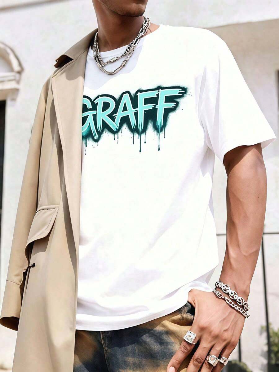 Camiseta de verano para hombre 2026: Camiseta blanca con estampado de logotipo graffiti, algodón suave, cuello redondo, ajuste cómodo, estampado gráfico único, nueva llegada - Blanco - Ver 1