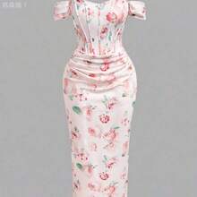 jianchaimaoyi02  MOD Vestido ajustado con estampado floral rosa fuera del hombro para mujer de talla grande, vestido de corset, vestido formal floral, - Multicolor - Ver 4