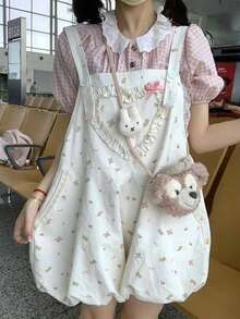 2026 Summer New Arrival: Cute Floral Print Jumpsuit And Checkered Blouse Set - Girly Style - [Single Item] Overalls Shorts - View 7